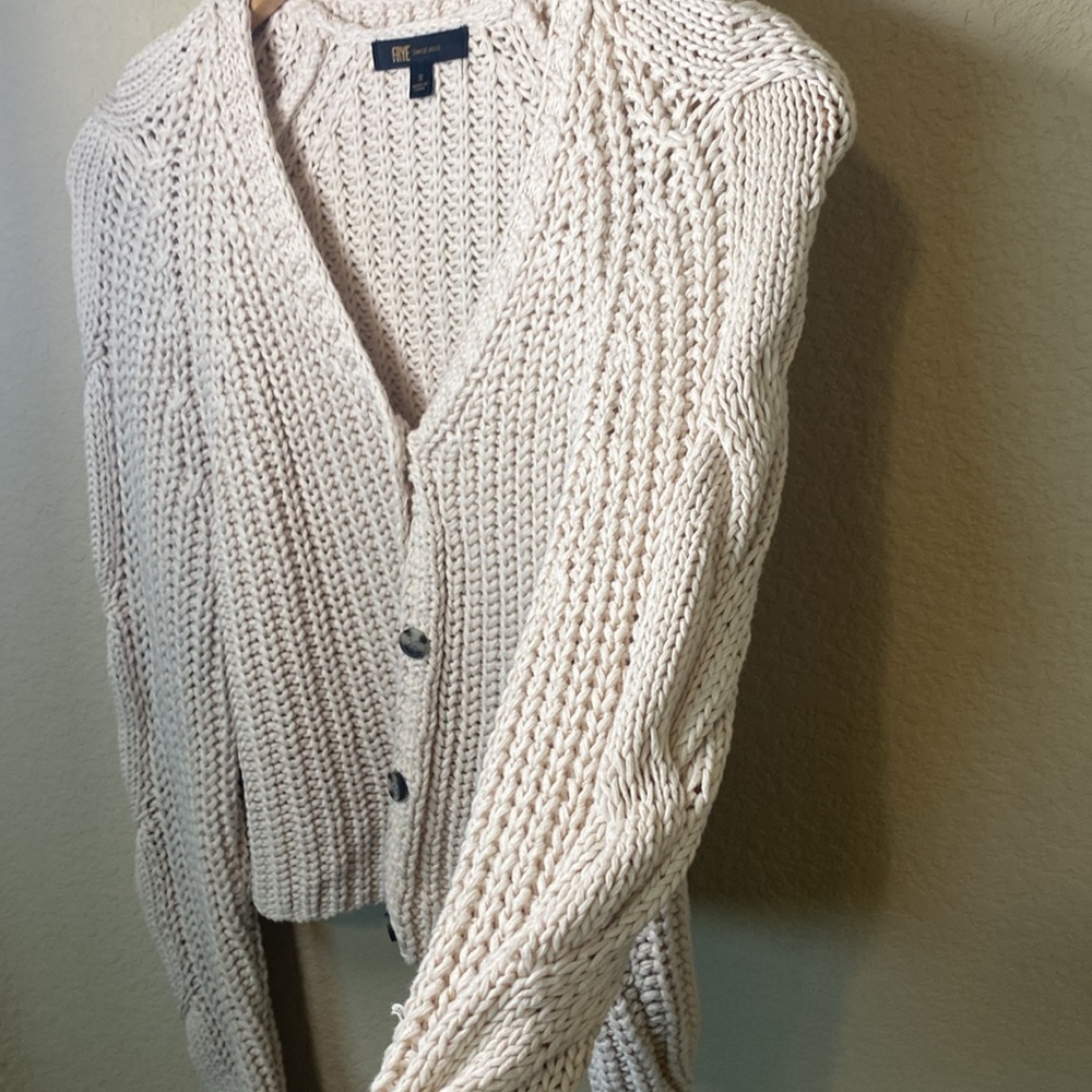 Frye Cable Sleeve Cardigan Crop Button Up Oatmeal Sweater S - Picture 9 of 12